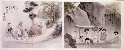 Art coreen: ウォーキングとボートのシーン。 Sin Yun Bok (または Hyewon) (1758 年生まれ) の版画。 18世紀。 作： Yun bok Sin
