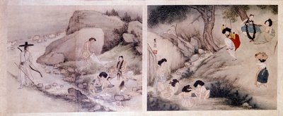 Art coreen: 衣服を洗い、身支度を整える女性、トイレを済ませ、娯楽を楽しむ女性。 Sin Yun Bok (または Hyewon) (b. 1758) による版画。 亨弼全集 作： Yun bok Sin