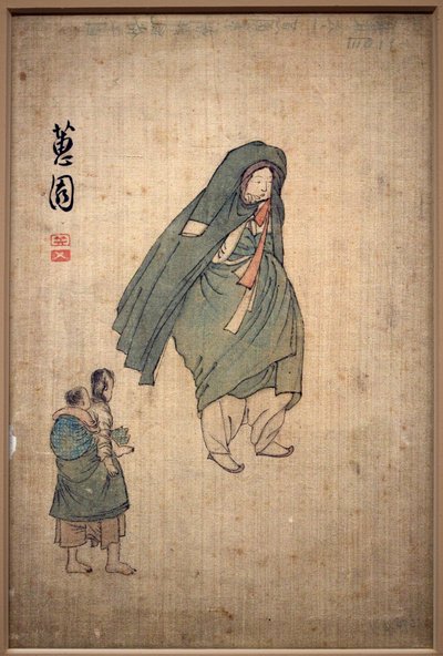 コートに身を包んだ女性が 2 人の子供のそばを通り過ぎる。 シン・ユンボク（1758～1813年頃）の画、紙にインク 作： Yunbok Shin