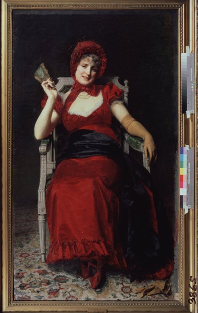 Directoire スタイルのドレスを着た女性 (Lady in a Directoire Dress)。 手袋をはめ、うちわを持ったドレスは、リボンキャップと靴に合わせて赤一色に。 Yuri Jacovlevich Lehman (Youri Leman) (1834-1901) による絵画、t に油彩 作： Yury Jacovlevich Lehman