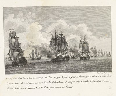 Jan Bart herovert graanschepen op een Hollands eskader、1694 1694 年 6 月 29 日、ジャン=バールはフランスに向けて穀物を積んだ艦隊に会い (...)、フランスに持ち帰ったすべての艦隊を乗っ取った (オブジェクトの称号) Eのチーフ、ジャン・バールの戦いのコレクション 作： Yves Marie Le Gouaz