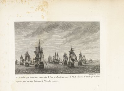 Jan Bart vaart Duinkerke binnen met de heroverde graanschepen、1694 1694 年 7 月 3 日、ジャン＝バールは、彼が引き継いだ血を積んだ艦隊と、敵の戦隊の 3 隻の船を携えて、ダンケルク港に戻りました (オブジェクトのタイトル)。 コレクション 作： Yves Marie Le Gouaz