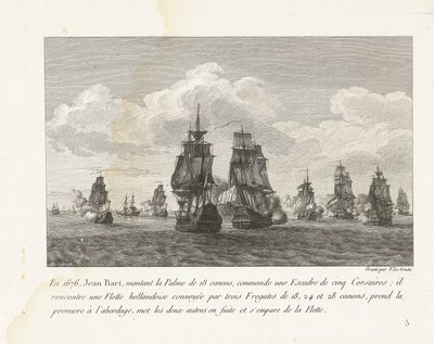 Jan Bart valt と zijn eskader een Hollandse vloot aan, 1676 1676 年、18 門のパルムを搭載したジャン バールは、5 隻のコルセアからなる戦隊を指揮しました (...) (オブジェクトのタイトル) ルイ14世時代の戦隊指揮官ジャン＝バールの戦闘集（連載タイトル） 作： Yves Marie Le Gouaz