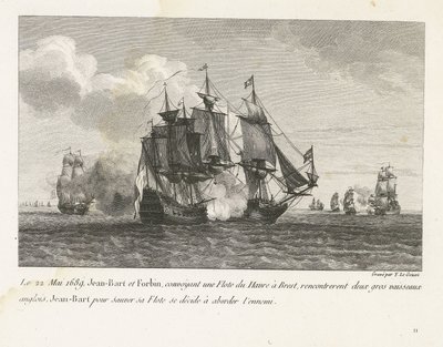 Jan Bart valt twee Engelse schepen aan, 1689 1689 年 5 月 22 日、ル アーヴルからブレストに艦隊を運ぶジャン バルトとフォーバンは、2 隻のイギリスの大型船に遭遇しました。 cのコレクション 作： Yves Marie Le Gouaz
