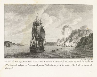 Jan Bart valt zes Hollandse schepen aan voor de kust van Portugal、1693 1693 年 6 月、66 門の大砲のヴァイソー ル グロリュー (Vaisseau le Glorieux) を指揮するジャン バルト (...) は、ポルトガルの海岸で 6 隻のオランダ軍艦 (...) を攻撃しました (オブジェクトのタイトル)。 録音 作： Yves Marie Le Gouaz