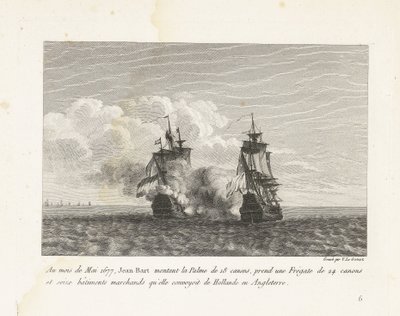 Jan Bart verovert een Hollands fregat、1677 1677 年 5 月、ジャン＝バールは 18 門のパルメに乗り、24 門のフリゲート艦と 16 隻の商船を運び、オランダからイギリスまで護送していました (オブジェクトのタイトル)。 ジェアの戦いのコレクション 作： Yves Marie Le Gouaz
