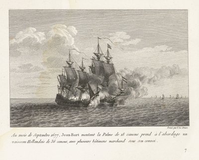 Jan Bart verovert een Hollands fregat、1677 1677 年 9 月、ジャン＝バールは 18 門のパルメに 36 門のオランダ船に乗り込み、護送船団の下に数隻の商船を乗せた (オブジェクトのタイトル) 戦いのコレクション 作： Yves Marie Le Gouaz