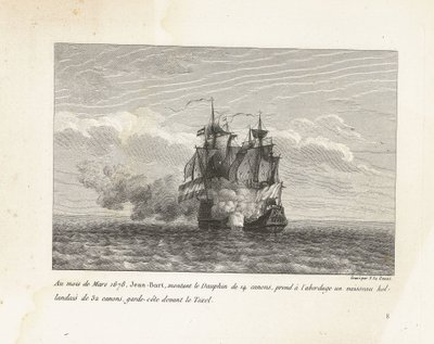 Jan Bart verovert een Hollands fregat、1678 年 1678 年 3 月、ジャン バルトは 14 門のドーフィンに乗り、32 門のオランダ船に乗り込み、テクセルの前で沿岸警備隊を務めました (オブジェクトのタイトル) Esの酋長、ジャン＝バールの戦いのコレクション 作： Yves Marie Le Gouaz