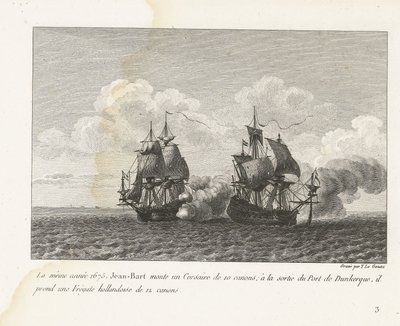 Jan Bart verovert een Hollands fregat bij Duinkerke、1675 同年、1675 年、ジャン＝バールは 10 門のコルセアを搭載しました。 ダンケルク港の出口で、彼は 12 門のオランダのフリゲート艦 (オブジェクトのタイトル) を受け取ります。 ジャン・バールの戦いの編集、ch 作： Yves Marie Le Gouaz