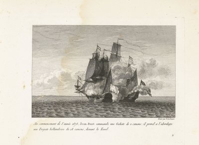 Jan Bart verovert een Hollands fregat bij Texel, 1675 1675 年の初めに、ジャン バルトは 2 門のガリオテを指揮しました。彼はテクセルの前で 18 門のオランダのフリゲート艦に乗り込みました (オブジェクトのタイトル)。 Jean-B の戦いのコレクション 作： Yves Marie Le Gouaz