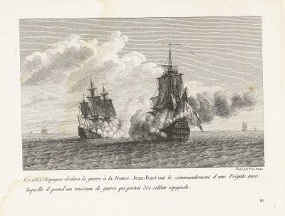 Jan Bart verovert een Spaans schip は、1683 年に 350 人の兵士に会いました。 1683年、スペインはフランスに宣戦布告し、ジャン=バールはフリゲート艦の指揮を執り、350人のスペイン兵を乗せた軍艦に乗船した 作： Yves Marie Le Gouaz