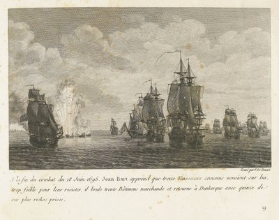 Treffen tussen een vloot onder Jan Bart en een Hollandse vloot、1696 1696 年 6 月 18 日の戦闘の終わりに、ジャン=バールは 13 隻の敵船 (...) を知り、15 の最も豪華な賞品 (オブジェクトの称号) を持ってダンケルクに戻ります。 コンバのコレクション 作： Yves Marie Le Gouaz