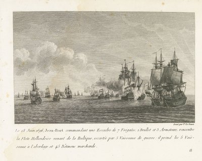 Treffen tussen een vloot onder Jan Bart en een Hollandse vloot、1696 1696 年 6 月 18 日、7 隻のフリゲート艦からなる戦隊を指揮するジャン バルト (...) は、バルト海からやってきたオランダ艦隊と出会う (オブジェクトの称号) Escのチーフ、ジャン・バールの戦いのコレクション 作： Yves Marie Le Gouaz