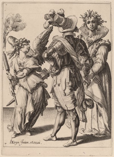 カップルの前でトーチを保持している目隠しされたキューピッド 作： Zacharias Dolendo after Jacques de Gheyn II