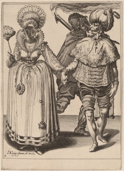 孔雀の羽をつけた女性を導くターバンの男性 作： Zacharias Dolendo after Jacques de Gheyn II