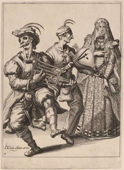 焼き網とふいごを演奏する 2 人の音楽家とベールに包まれた女性 作： Zacharias Dolendo after Jacques de Gheyn II