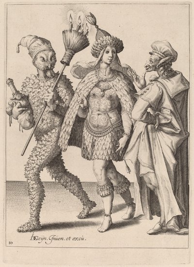 羽毛の服を着たカップルに話しかける年老いたママー 作： Zacharias Dolendo after Jacques de Gheyn II