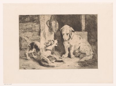 ランタンと食べ物の皿の近くにいる 2 匹の犬 作： Zacharie Noterman