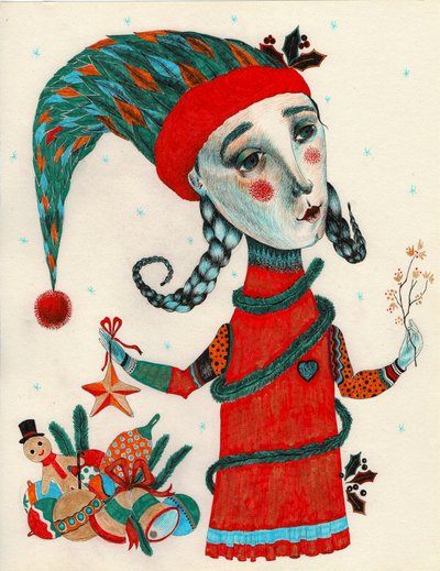 クリスマスのシーエルフ、2020年（紙にインクで描いたもの） 作： Sabina Nedelcheva Williams