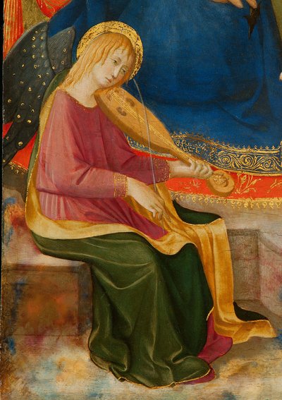 ミュージシャンエンジェル2人との謙遜のマドンナ。詳細：ミュージシャンエンジェル、c1450。 作： Zanobi Strozzi
