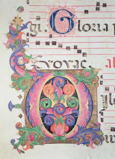 Missal 515 fol.146r葉で飾られた歴史的なイニシャル「O」、1449年以前に実行された合唱団の本の詳細 作： ベネデット・ストロッツィ作『ザノビ』
