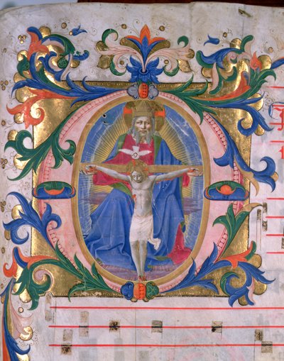Ms 523 f.166r 三位一体が描かれた歴史的なイニシャル「O」、1446年から60年頃のミサールより（ヴェラム製） 作： ベネデット・ストロッツィ作『ザノビ』