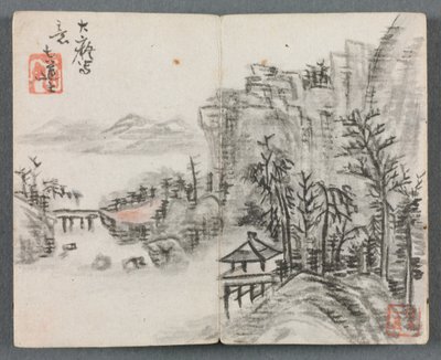 フィギュア付きのミニチュアアルバムと橋のある風景崖の風景、1822年。 作： Zeng Yangdong