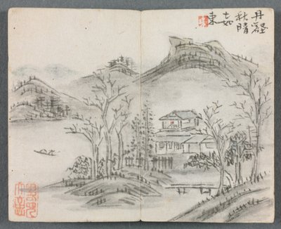 フィギュア付きのミニチュアアルバム、丘、家、ボート、橋のある風景の風景、1822年。 作： Zeng Yangdong
