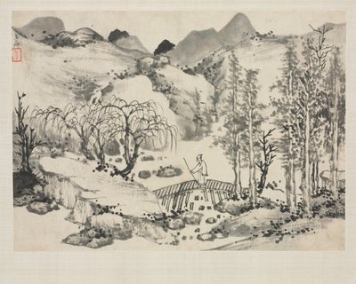 さまざまなスタイルの風景アルバム: 橋の上のアーティストのいる風景 作： Zha Shibiao