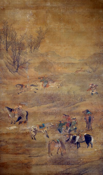 馬を追いかけるモンゴルのライダー。 Fou TchaoMongによる絹の絵 作： Zhao Mengfu Chao Meng Fu or