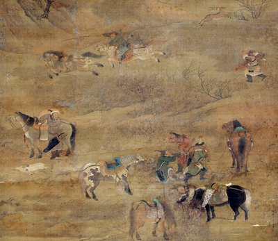 馬を追いかけるモンゴル人騎手。詳細絹本著色 佛頂僧侶（1254-1322）筆。元時代（1206-1368 AD） パリ、ギメ美術館、国立アジア美術館 作： Zhao Mengfu Chao Meng Fu or