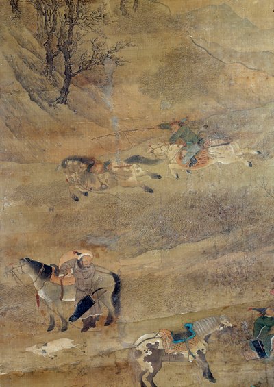馬を追いかけるモンゴルのライダー。詳細。 Fou TchaoMongによる絹の絵 作： Zhao Mengfu Chao Meng Fu or