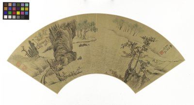男性とロバが川を渡って運ばれる風景（金の紙にインクと色） 作： Zhen Yao