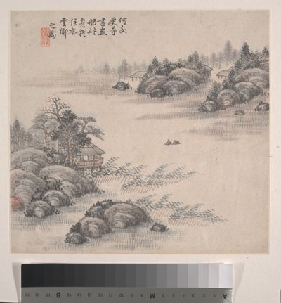 風景画、1875年（12葉のアルバム、紙にインクと彩色） 作： Zhiwan Zhang