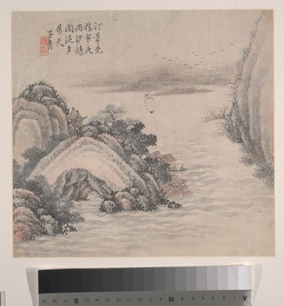 風景画、1875年（12葉のアルバム、紙にインクと彩色） 作： Zhiwan Zhang