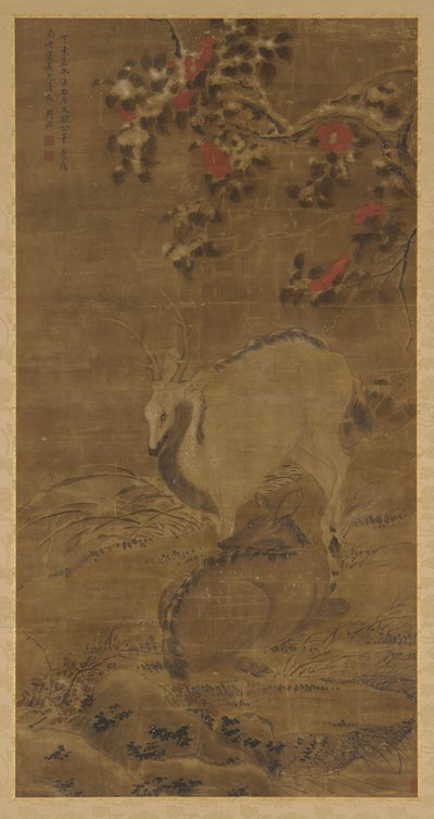 雄鹿、雌鹿、赤椿の雪中 作： Zhou Yuan