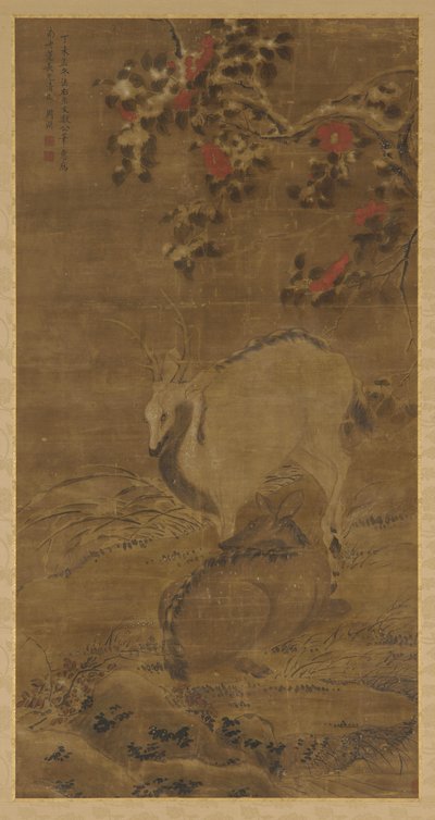 雪の中の牡鹿と牝鹿と赤椿 1367年 作： Zhou Yuan