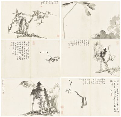 風景と花、6枚の葉のアルバム 作： Zhu da Bada Shanren