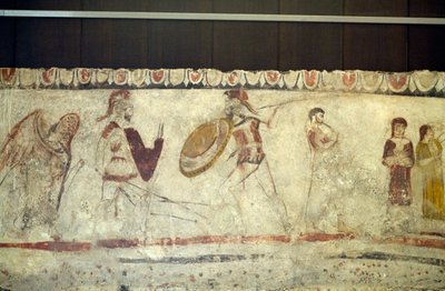 2人の戦士の戦いの場面 イタリア・カンパニア州パエストゥムのアンドリウオロ・ラゲットのネクロポリスのフレスコ画 古代ギリシャ文明、マグナ・グラエキア、紀元前4世紀（写真） 作： William Walcutt