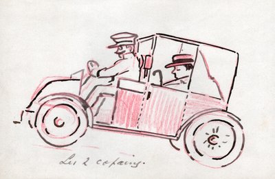 運転手付きの車。 1910年頃（絵） 作： . .