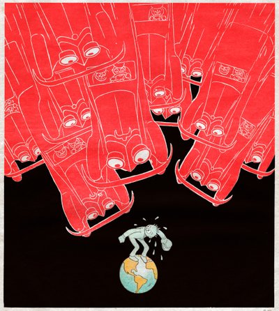 地球最後の歩行者を襲う車。 1929年（風刺画） 作： . .