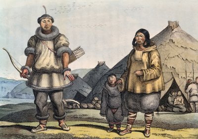 小屋の前に立つチュクチ族の家族（ロシア・ベーリング海峡）ルイ・チョリス（1795-1828）作 作： Georg Carl Heinrich Dollmann