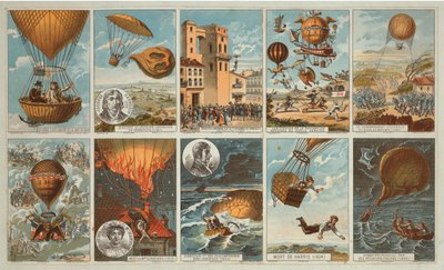 1795年から1846年までのバルーニングの歴史におけるイベントの写真付きカードの収集、1900年頃（クロモリトグラフ） 作： . .