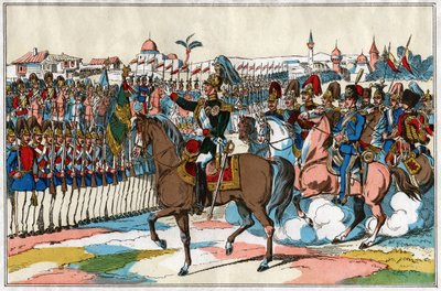 皇帝アレクサンドル 2 世は、トルコへの宣戦布告 (1877 年) の前に彼の軍隊を検討します。 1880年頃（イラスト） 作： . .