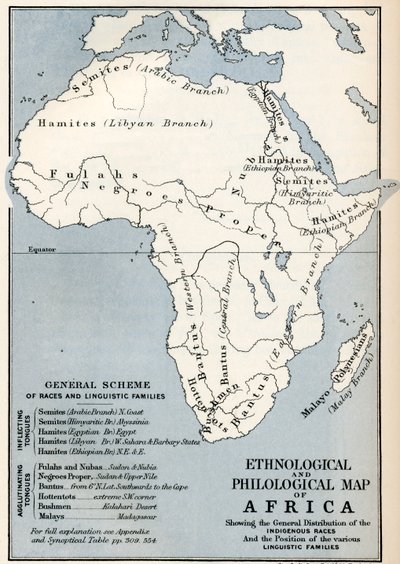 1884年に出版されたKeith Johnstonの「Africa」に掲載されている19世紀のアフリカの民族学的・言語学的地図。 作： Ferdinand Georg Waldmuller
