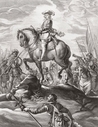 1634 年 7 月、アルプスを越えて部隊を率いるオーストリアのフェルディナンド 作： . .