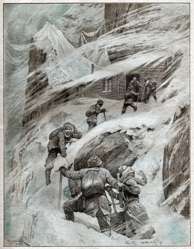 イタリアの観光客は、イタリアのアルプスで嵐に巻き込まれました。 1925年（イラスト） 作： . .