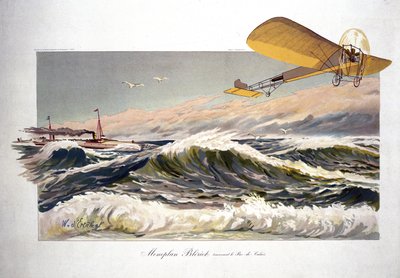 1909年7月25日、単葉機「ブレリオXI」で英仏海峡を横断したフランス人飛行家、ルイ・ブレリオ（1872-1936）。 作： Ferdinand Georg Waldmuller