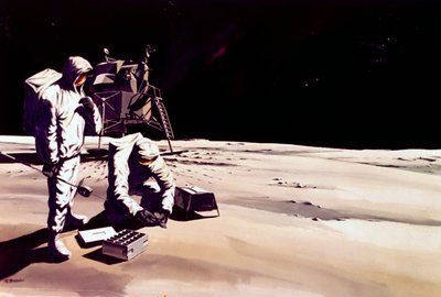 有人宇宙飛行、アメリカ、アポロ、一般 月面で作業する宇宙飛行士の印象図 作： Ferdinand Georg Waldmuller