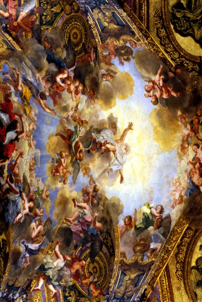 Antoine Coypel (1661-1722) が制作した王室礼拝堂の天井画。 題名は「世に贖いの約束をもたらす栄光の永遠の父」。 ロイヤル チャペルは 1699 年にジュール Hardouin Mansart (1646-1708) によって開始され、完成 作： . .